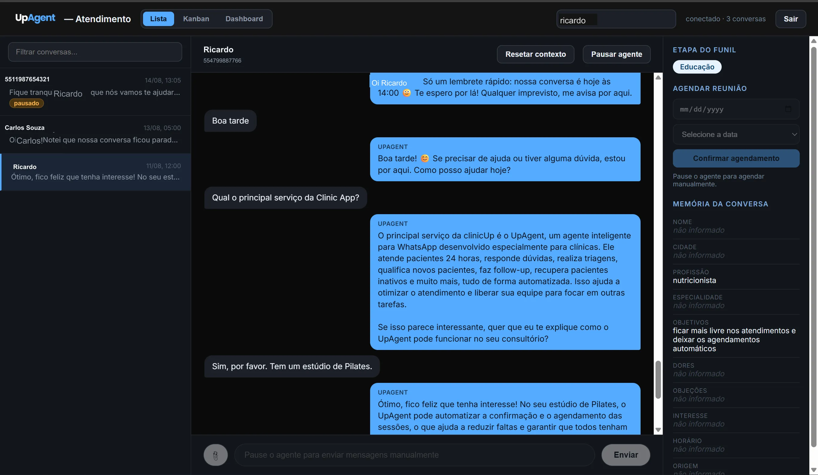 Tela de atendimento do UpAgent, o agente de IA para WhatsApp, mostrando uma conversa em andamento